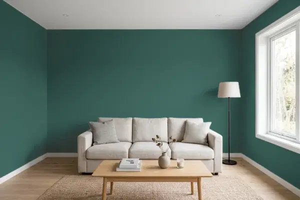 Living room with walls painted Valspar Favorite Green 5011-4 (simulated)