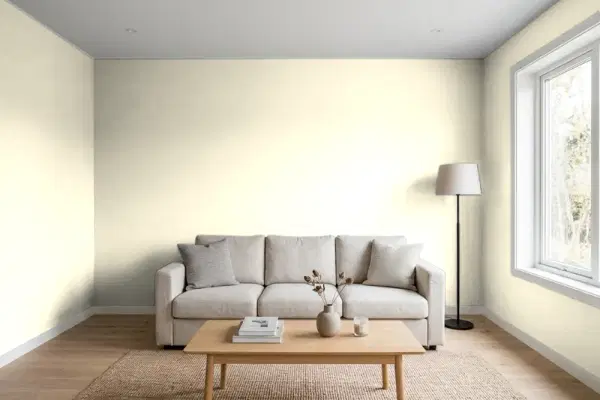 Living room with walls painted Benjamin Moore Featherbed 928 (simulated)