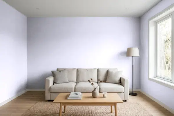 Living room with walls painted Behr February Frost 630A-2 (simulated)