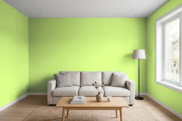 Living room with walls painted Benjamin Moore Feel the Energy 417 (simulated)