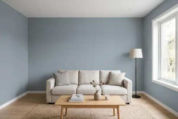Living room with walls painted PPG Paints Feldspar 1038-5 (simulated)