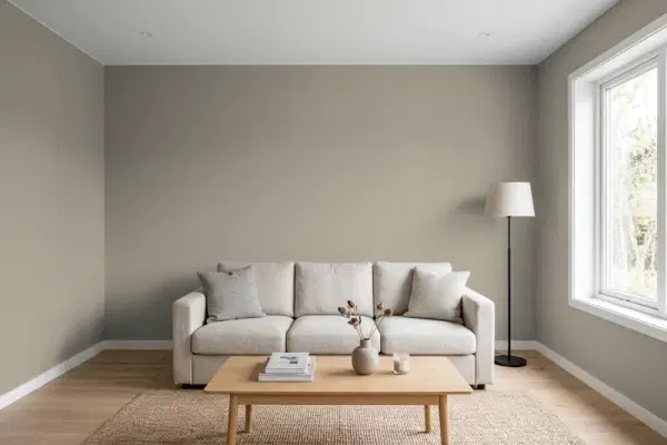 Living room with walls painted Sherwin-Williams Felted Wool SW 9171 (simulated)