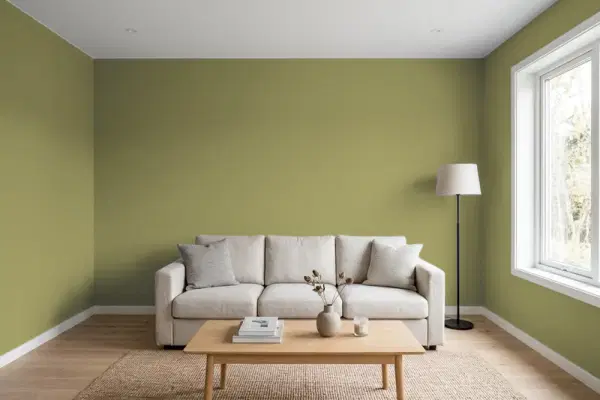 Living room with walls painted Behr Fertile Green S340-6 (simulated)
