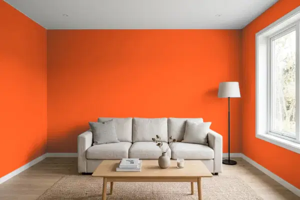Living room with walls painted Benjamin Moore Festive Orange 2014-10 (simulated)