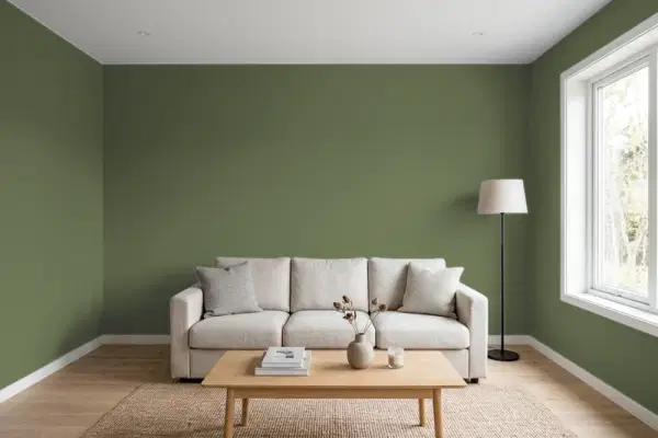 Living room with walls painted Behr Fiddle Leaf 410F-7 (simulated)