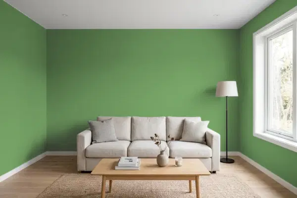 Living room with walls painted Valspar Field Time Green 5008-6C (simulated)