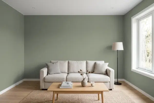 Living room with walls painted Valspar Fields of Green 5004-2B (simulated)