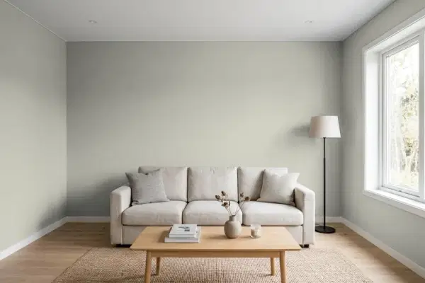 Living room with walls painted Benjamin Moore Fieldstone 1558 (simulated)