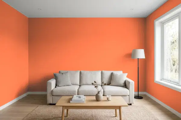 Living room with walls painted Benjamin Moore Fiesta Orange 084 (simulated)
