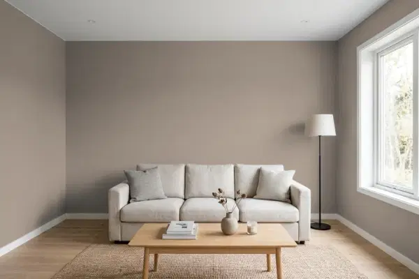 Living room with walls painted Behr Film Fest T14-8 (simulated)