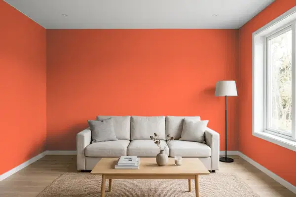 Living room with walls painted Behr Fireglow 200B-7 (simulated)