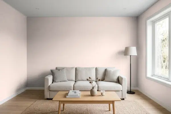 Living room with walls painted PPG Paints First Kiss 1017-2 (simulated)