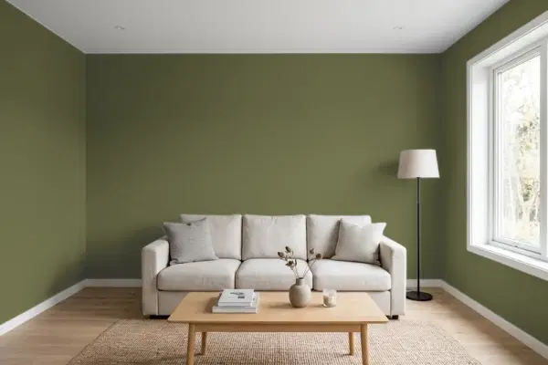 Living room with walls painted Behr Fjord T11-16 (simulated)