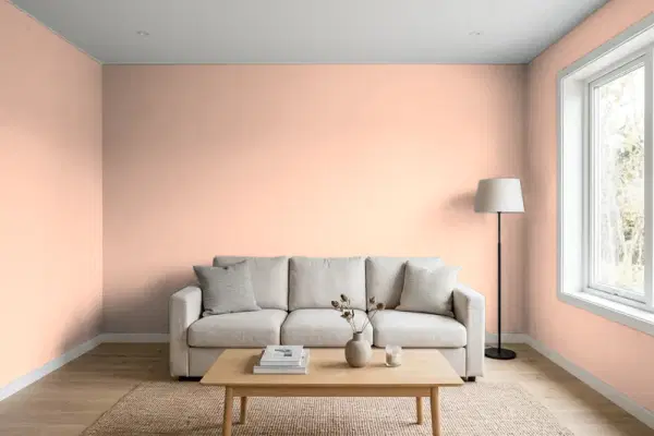 Living room with walls painted Behr Flamingo Feather M180-3 (simulated)