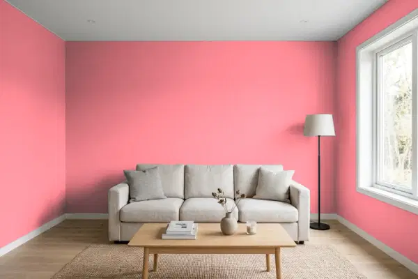 Living room with walls painted Benjamin Moore Flamingo's Dream 2002-40 (simulated)