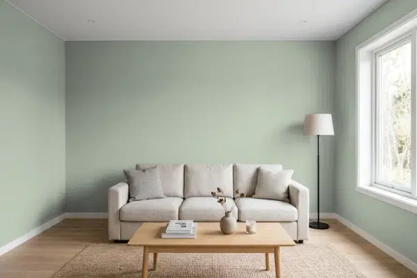 Living room with walls painted Benjamin Moore Flora AF-470 (simulated)