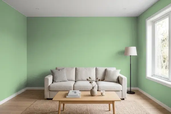 Living room with walls painted Behr Flora Green MQ6-46 (simulated)
