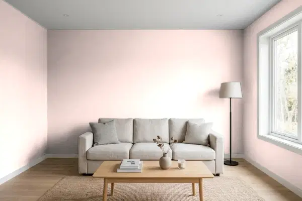 Living room with walls painted Behr Floral Linen 160C-1 (simulated)