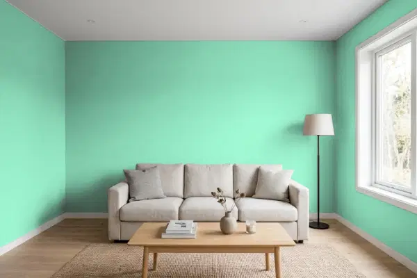 Living room with walls painted Benjamin Moore Florida Keys 578 (simulated)