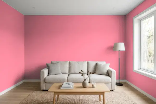Living room with walls painted Benjamin Moore Flower Crown 2004-40 (simulated)