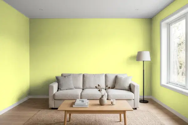 Living room with walls painted Valspar Fluorescent Lime 6007-9C (simulated)