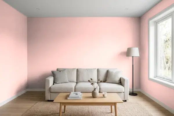 Living room with walls painted Behr Flush Pink 160C-2 (simulated)