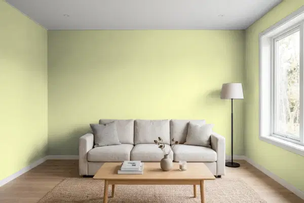 Living room with walls painted Benjamin Moore Folk Art 528 (simulated)