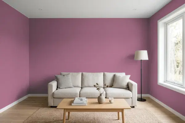 Living room with walls painted Behr Forest Berry UL100-17 (simulated)