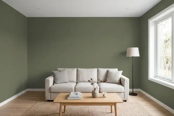 Living room with walls painted Benjamin Moore Forest Floor CC-570 (simulated)
