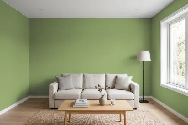 Living room with walls painted Benjamin Moore Forest Hills Green 433 (simulated)