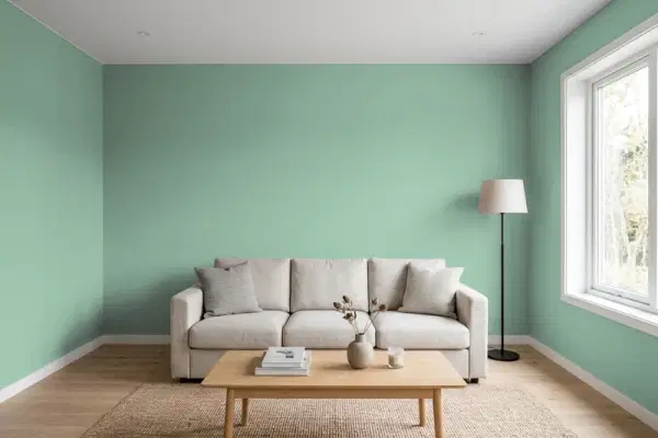 Living room with walls painted Benjamin Moore Forest Valley Green 634 (simulated)