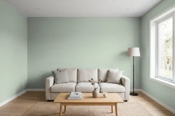 Living room with walls painted Sherwin-Williams Forever Green SW 9653 (simulated)