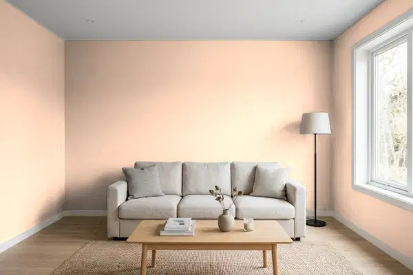 Living room with walls painted Benjamin Moore Forever Young 066 (simulated)