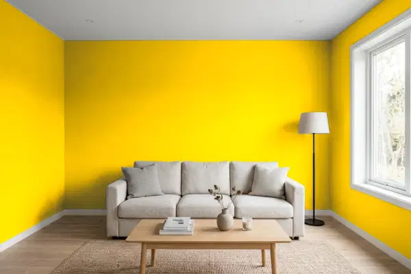 Living room with walls painted Sherwin-Williams Forsythia SW 6907 (simulated)