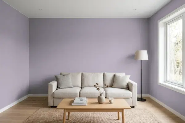 Living room with walls painted Behr Fortune N100-4 (simulated)