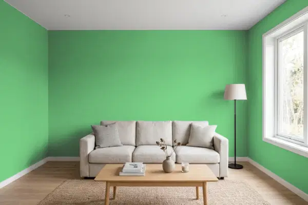 Living room with walls painted Benjamin Moore Four Leaf Clover 573 (simulated)