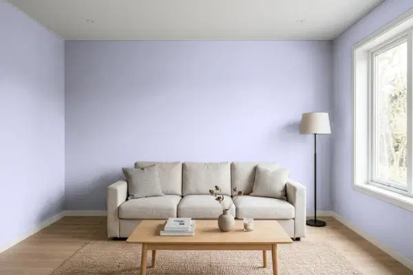 Living room with walls painted Behr Foxglove M550-3 (simulated)