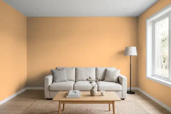 Living room with walls painted Valspar Frankincense 3002-5C (simulated)