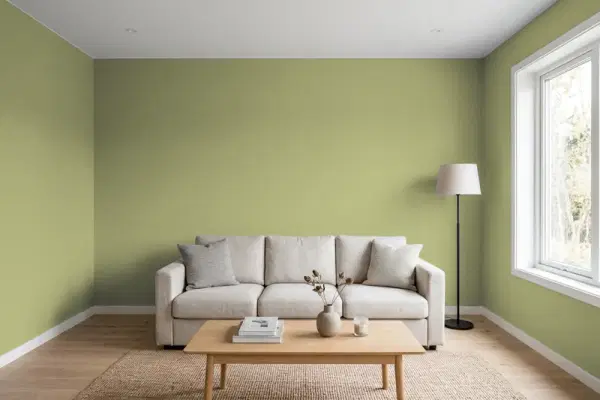 Living room with walls painted Benjamin Moore Fraser Fir 503 (simulated)
