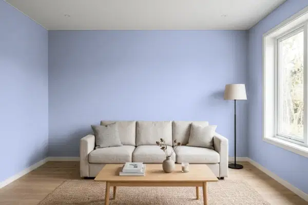 Living room with walls painted Benjamin Moore Freesia 1432 (simulated)