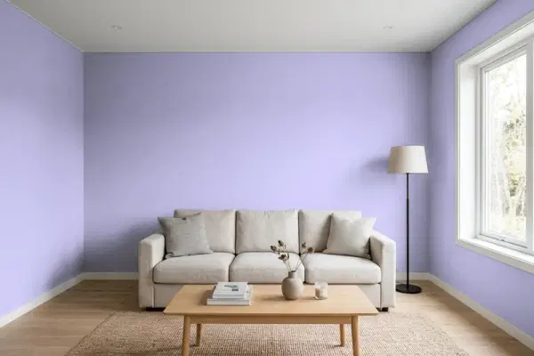 Living room with walls painted Behr Freesia Purple 630B-4 (simulated)