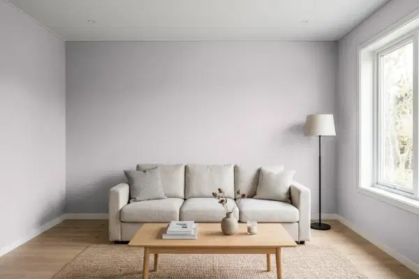 Living room with walls painted Behr French Lilac PPU16-10 (simulated)