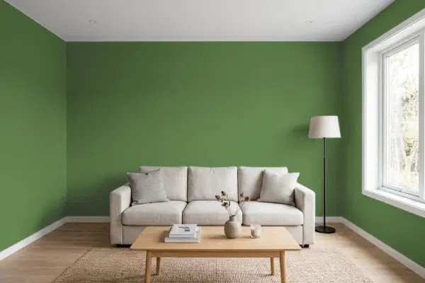 Living room with walls painted Valspar French Olive 6010-8 (simulated)