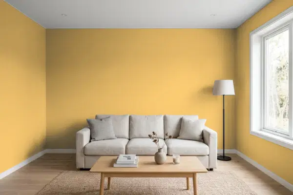 Living room with walls painted Behr French Pale Gold 350D-5 (simulated)