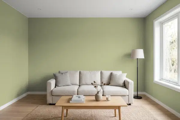 Living room with walls painted Behr French Parsley BIC-57 (simulated)