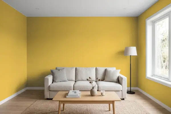 Living room with walls painted Benjamin Moore French Quarter Gold 287 (simulated)