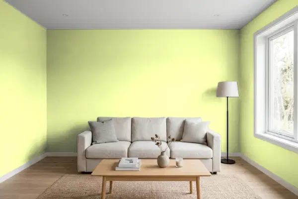 Living room with walls painted Benjamin Moore Fresh Cut Grass 2026-50 (simulated)