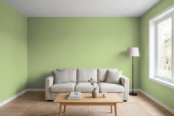 Living room with walls painted Behr Fresh Guacamole M360-5 (simulated)