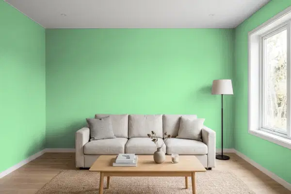 Living room with walls painted Valspar Fresh Meadow 6002-7C (simulated)