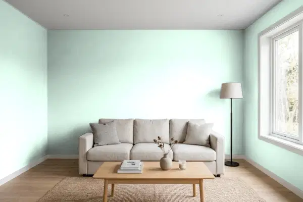 Living room with walls painted Benjamin Moore Fresh Mint 2037-70 (simulated)